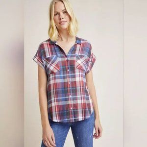 Cloth and Stone Short Sleeve Plaid Top with Pockets M